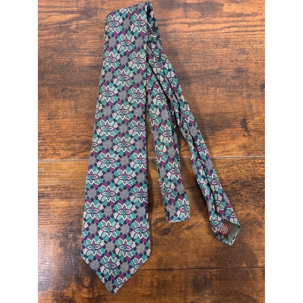 Chaps Ralph Lauren Mens Silk Tie Geometric Floral Teal Burgundy Navy USA Made